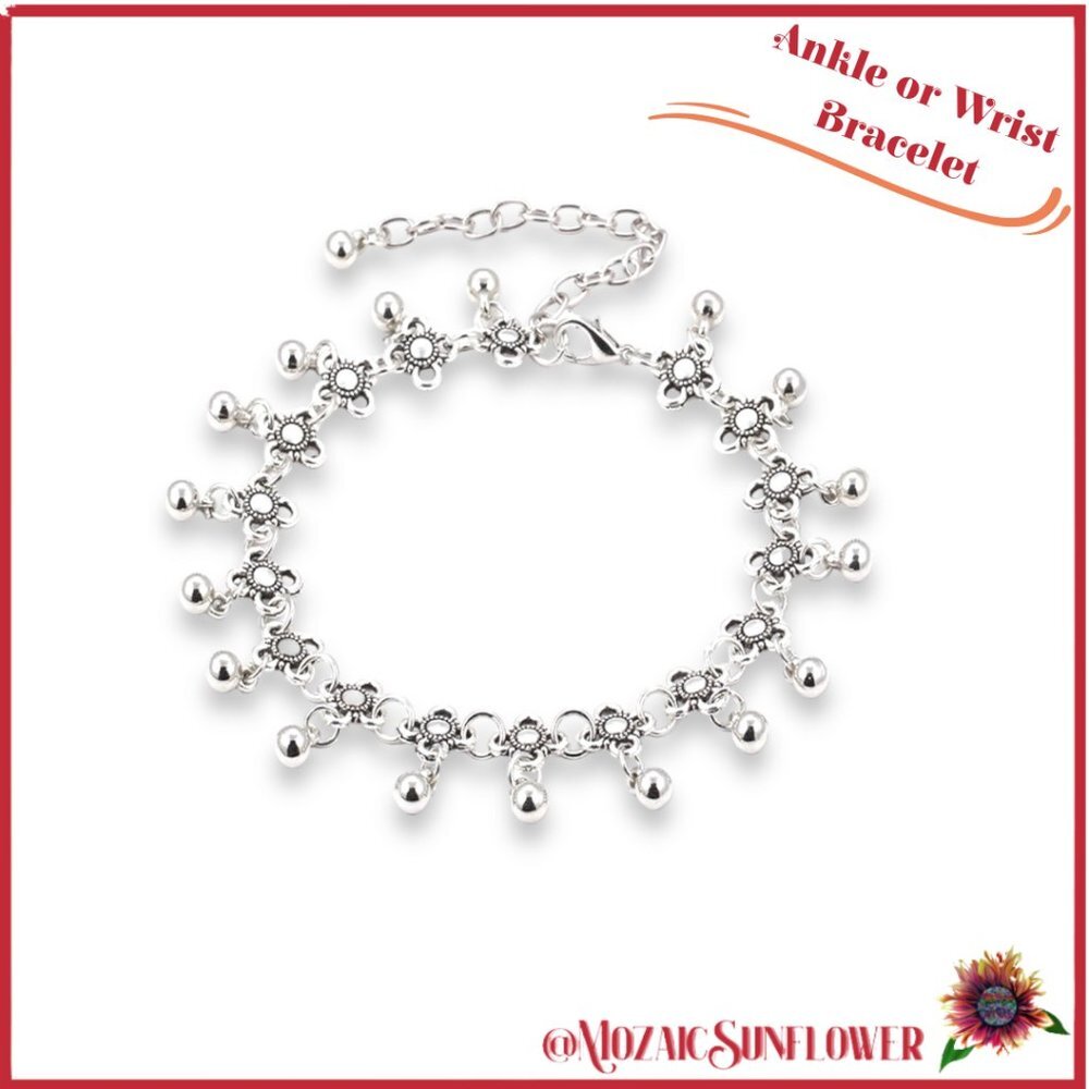 Silver Carved Anklet or Bracelet Water Drop Daisy Tassels With Bells